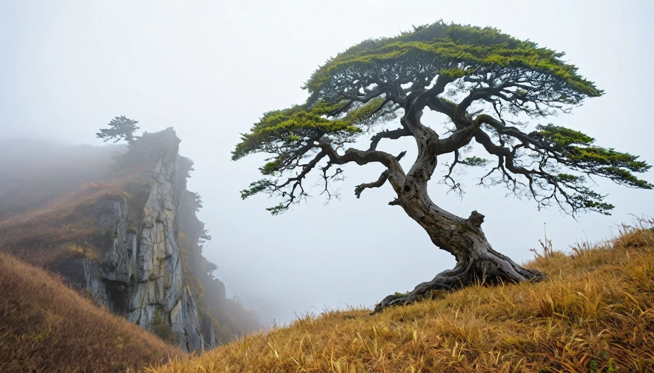 ((masterpiece, Fantasy,300kmの黄金の巨木がcliff下から生えている, An ancient tree trunk stretches up to the sky, Golden Leaf, Cloudy sky on background, hillの上から巨木を見上げるアングル)),cliff,hill, grassland, fog, A quarter of the screen is a tree trunk