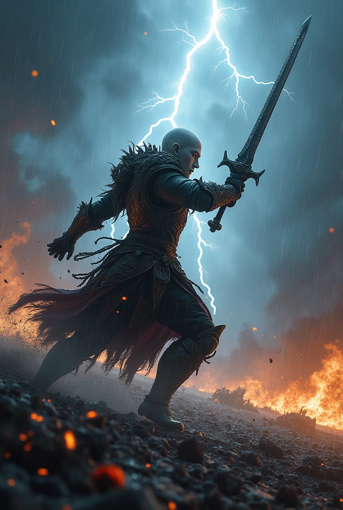 Fantaisie sombre, atmosphère chaotique, la tempête fait rage, avec des éclairs crépitant dans le ciel et le tonnerre résonnant à travers le champ de bataille complète, un homme, Henné, peau pâle, armure avec des motifs complexes(YN), l'' épée tenue dans un ha charge en avant, combattez les éléments, la caméra capture ses mouvements dynamiques au ralenti, avec la pluie qui tombe et la foudre qui illumine chacun de ses coups, le sol sous elle est un mélange de boue et de feu, créer un environnement volatil, les visuels sont intenses et rapides, montrant sa lutte contre la tempête et les ennemis invisibles, conduisant progressivement au segment instrumental culminant