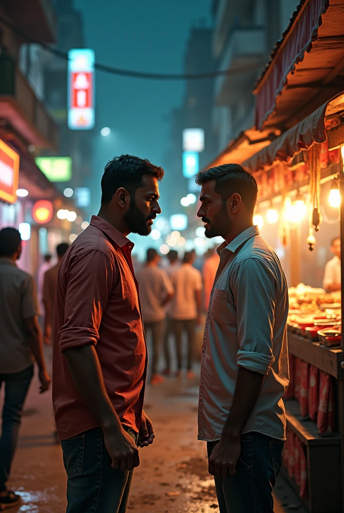 Generate an indian street with food stall and people gathering for purchase a night view of the street
And one young man look staring to another man for angry face and looking for fight
