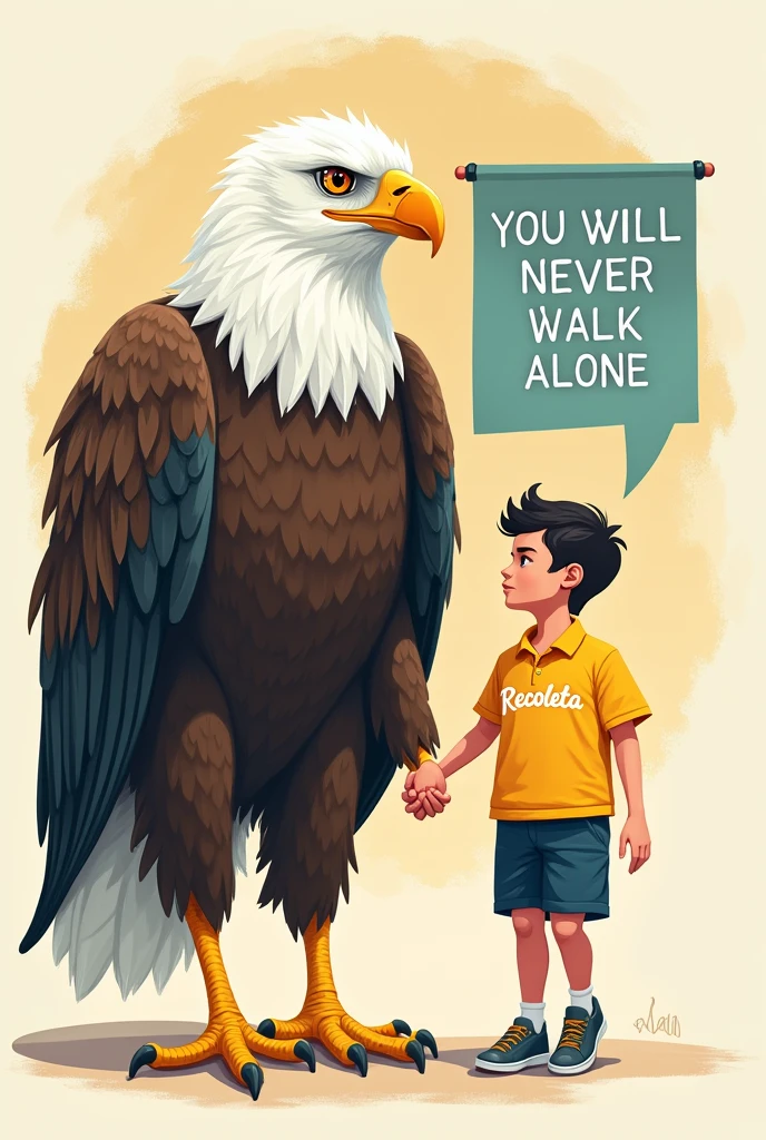 Banner that says "You will never walk alone" and next to it an image of a humanoid eagle walking hand in hand with a high school student wearing a yellow polo shirt that says Recoleta in white letters with navy blue shorts