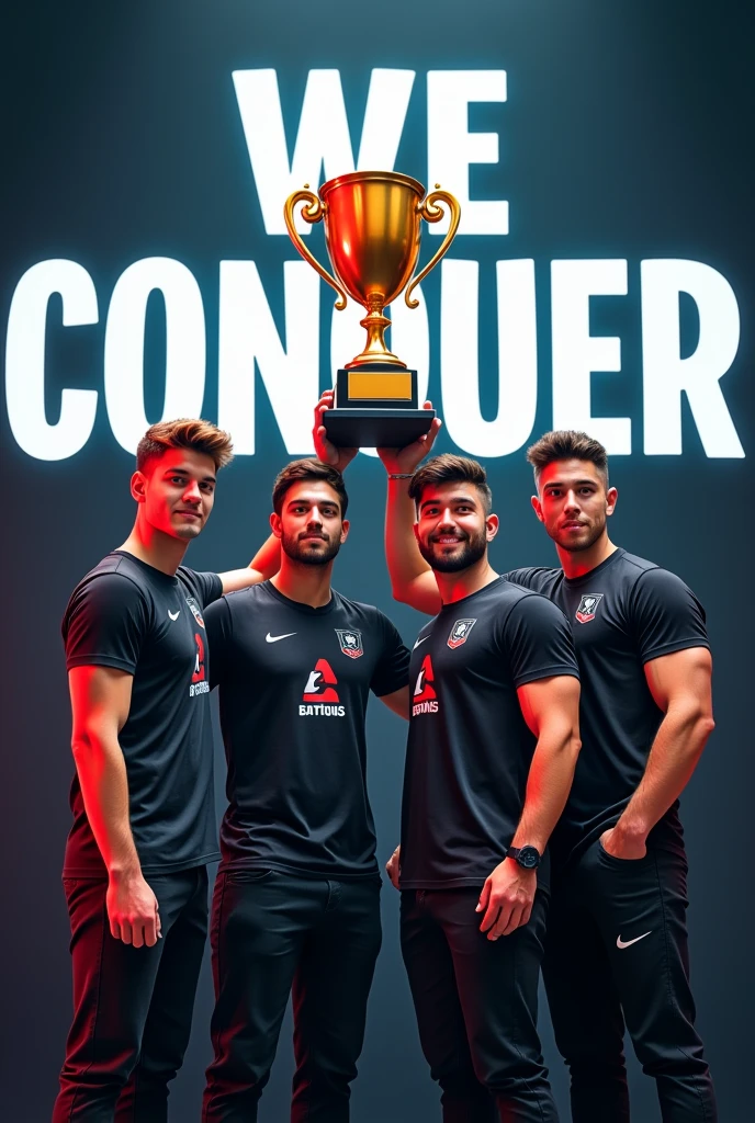 "Gaming logo photo".In the circle Four adult boys are showing pro trophy in passport size photo. Four adult boys have different hair colour, different hair style and muscle body. In the background same like " we conquer". They are wearing expensive t-shirt and writing "We Conquer".
