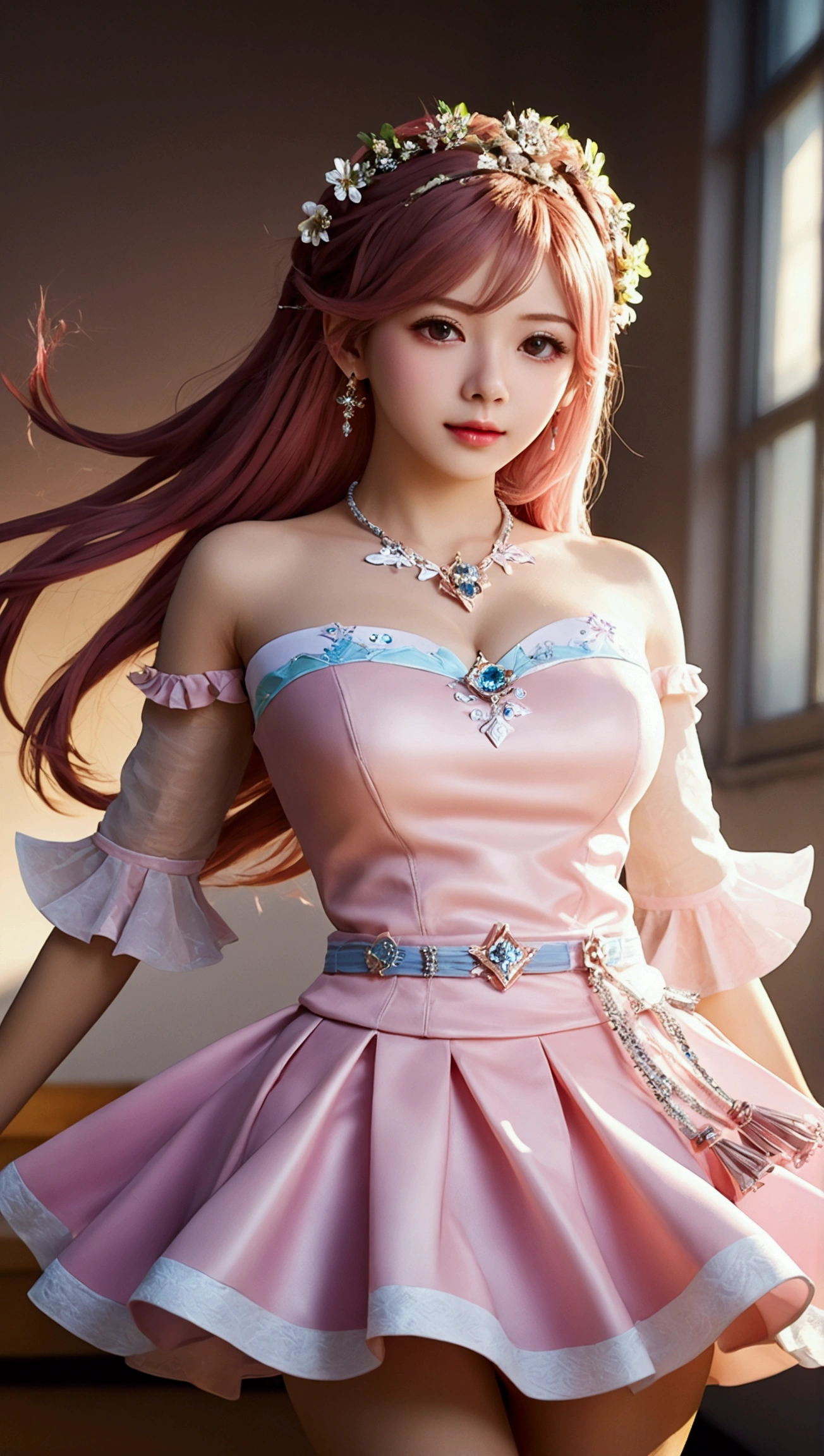 best quality, masterpiece, high resolution, 1 Girl, Porcelain dress, Hair accessories, necklace, Jewelry, Pretty Face, Body, Tyndall effect, Practical, Dark Studio, Side lighting, Two-color lighting, (High Detail Skin: 1.2), 8K Ultra HD, DSLR camera, Soft Light, high quality, Volumetric Light, mad, photo, high resolution, 4k, 8K, Background blur, Pink Hair, Short skirt