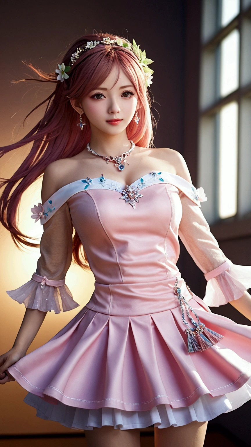 best quality, masterpiece, high resolution, 1 Girl, Porcelain dress, Hair accessories, necklace, Jewelry, Pretty Face, Body, Tyndall effect, Practical, Dark Studio, Side lighting, Two-color lighting, (High Detail Skin: 1.2), 8K Ultra HD, DSLR camera, Soft Light, high quality, Volumetric Light, mad, photo, high resolution, 4k, 8K, Background blur, Pink Hair, Short skirt