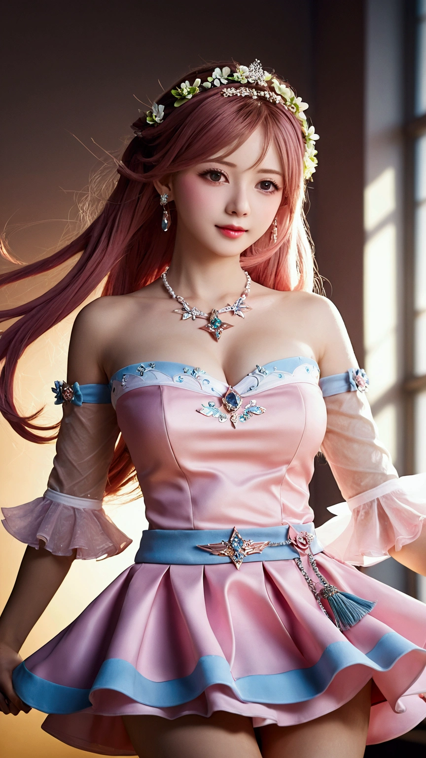 best quality, masterpiece, high resolution, 1 Girl, Porcelain dress, Hair accessories, necklace, Jewelry, Pretty Face, Body, Tyndall effect, Practical, Dark Studio, Side lighting, Two-color lighting, (High Detail Skin: 1.2), 8K Ultra HD, DSLR camera, Soft Light, high quality, Volumetric Light, mad, photo, high resolution, 4k, 8K, Background blur, Pink Hair, Short skirt