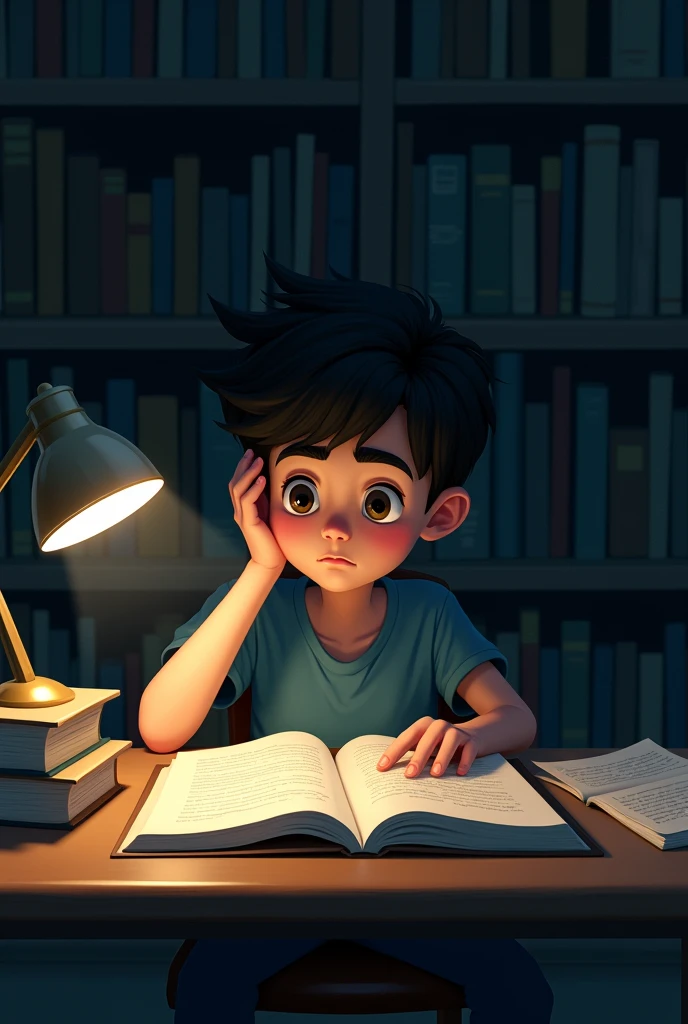Image of the boy sitting at a desk late at night, surrounded by books and a dim lamp illuminating his study area