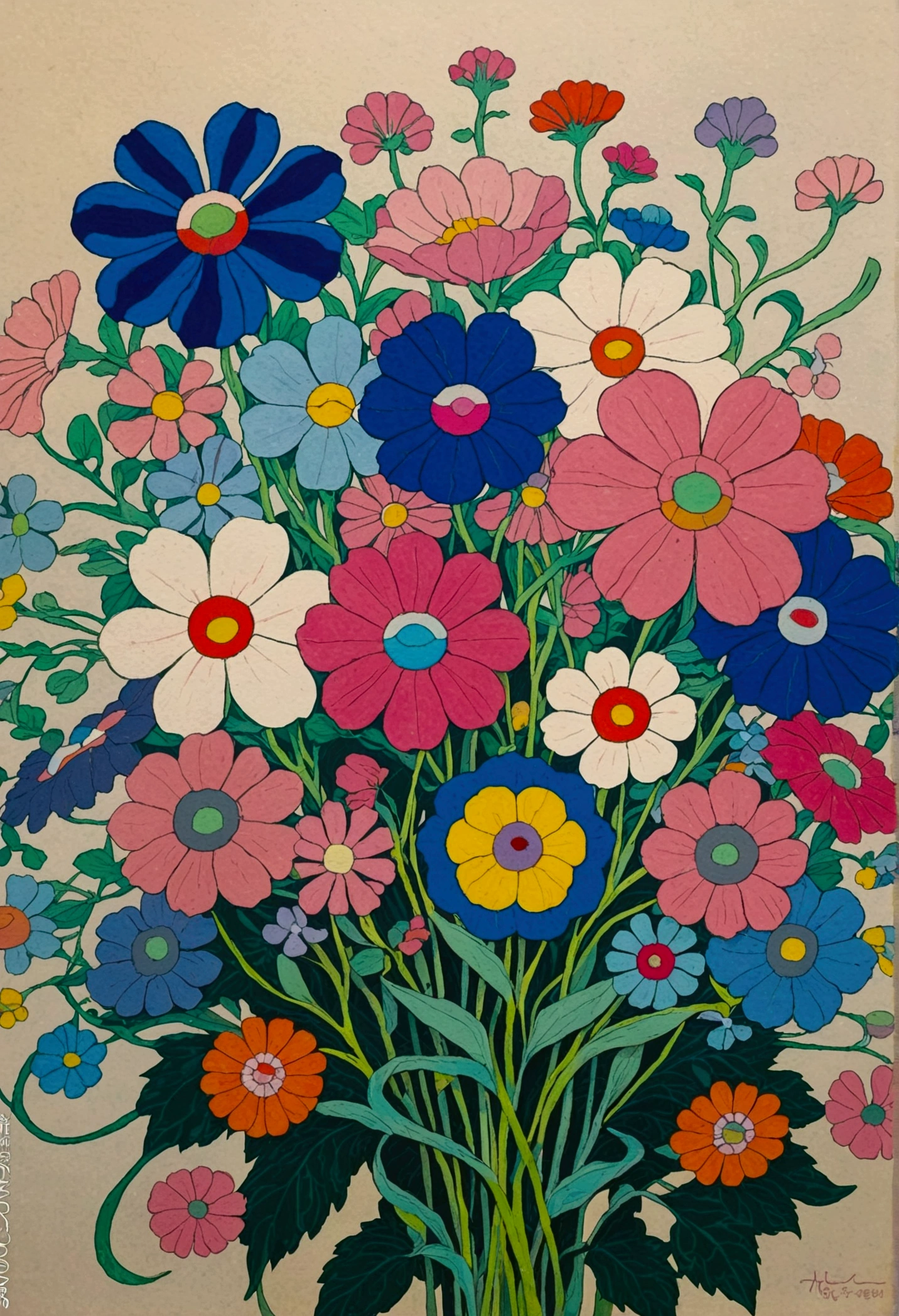 Drawing of a bouquet of flowers with blue stems and pink flowers,close up， Inspired by Yoshio Markino, , Takashi Murakami&#39;s artistic style, ( Art Nouveau ), (Art Nouveau), (((Floral Pop Art))), 