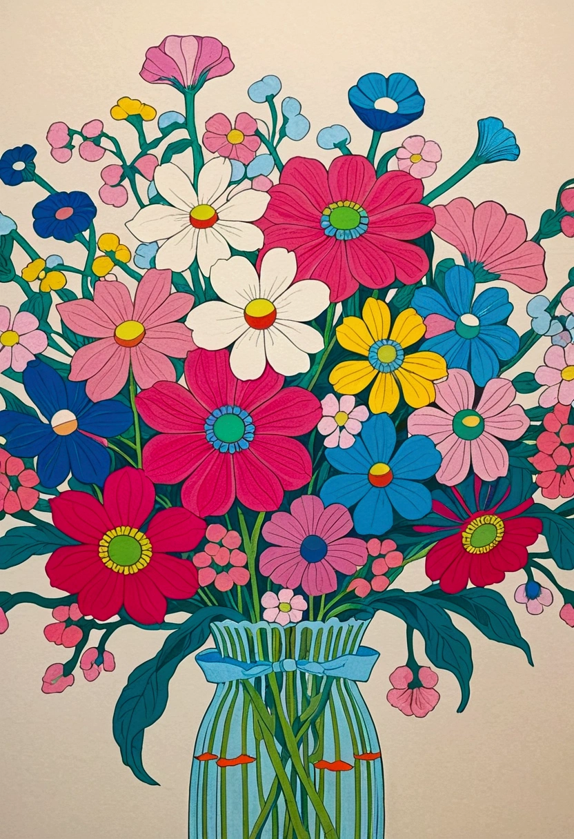 Drawing of a bouquet of flowers with blue stems and pink flowers,close up， Inspired by Yoshio Markino, , Takashi Murakami&#39;s artistic style, ( Art Nouveau ), (Art Nouveau), (((Floral Pop Art))), 