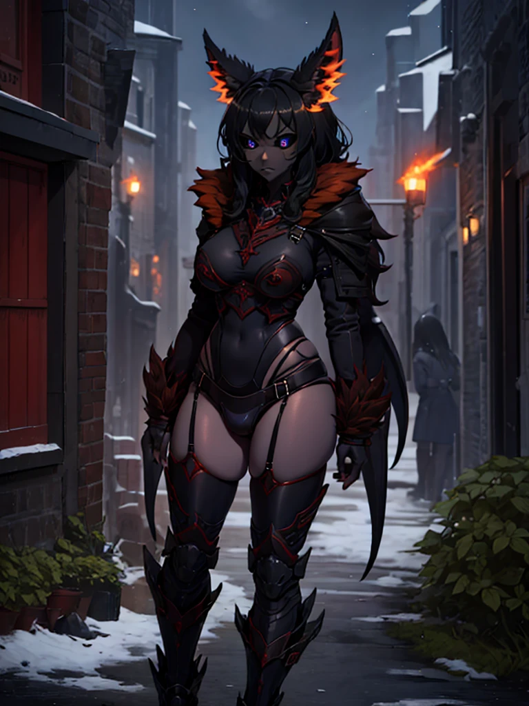 Female, Hellhound girl, black hair, shy girl, Hellhound tail, tall, cobalt blue eyes, dark grey skin, over six foot tall, slim but tall, medieval style winter clothes,