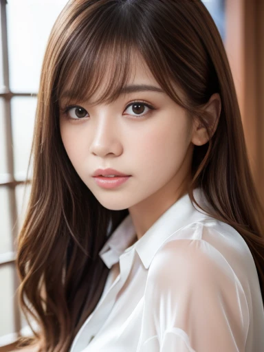Ultra-high resolution, Superior Quality, Highest quality, Super detailed, Realistic, 8k, RAW Photos, Highest quality, masterpiece, Attractive Young Woman, Angel Woman, Brown Hair, Shoulder-length layered, Mesh Hair, Glossy Lips, Natural Makeup, Japanese Idols, Sophisticated, stylish, Model pose, satin silk white shirt, 