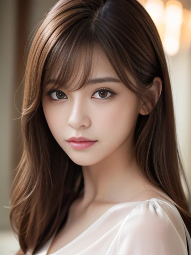 Ultra-high resolution, Superior Quality, Highest quality, Super detailed, Realistic, 8k, RAW Photos, Highest quality, masterpiece, Attractive Young Woman, Angel Woman, Brown Hair, Shoulder-length layered, Mesh Hair, Glossy Lips, Natural Makeup, Japanese Idols, Sophisticated, stylish, Model pose, satin silk white shirt,