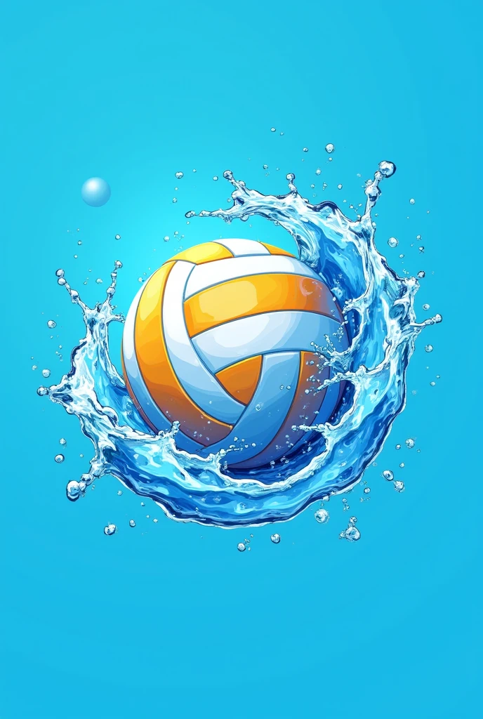 volleyball logo with water or ice surrounding it, bright blue background, dynamic, strong passion, splash, soft, full, water causes powerful water jet effect, generous, free, Minimalist colors with a logo feel that&#39;s still modern, clear water, very clear