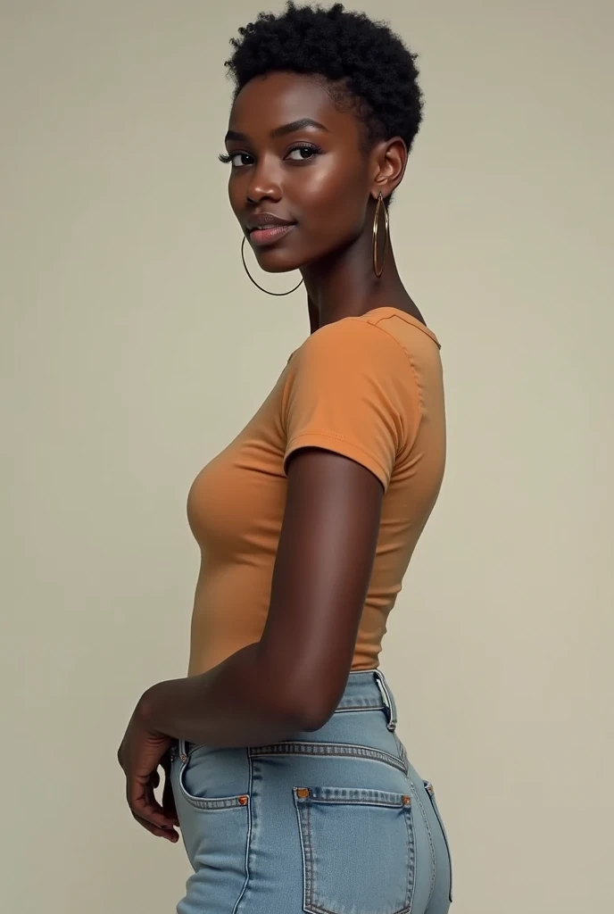A beautiful black skin girl wearing a pretty jeans and t-shirt having a tipper hair cut around the head.normal size body not too large
Standing at a distance