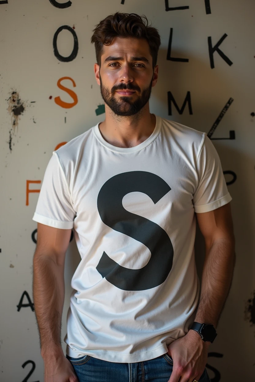 A man standing near alphabet G and his shirt is printed with S .