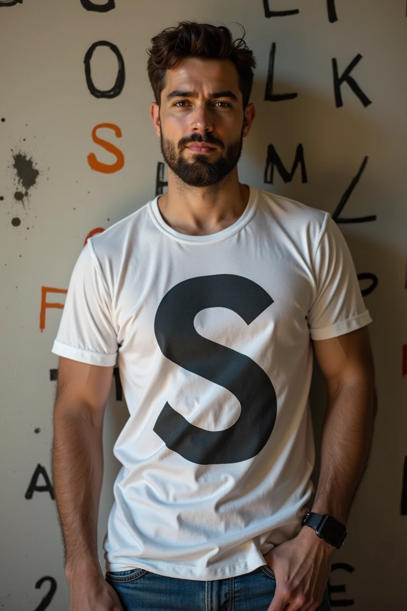 A man standing near alphabet G and his shirt is printed with S .