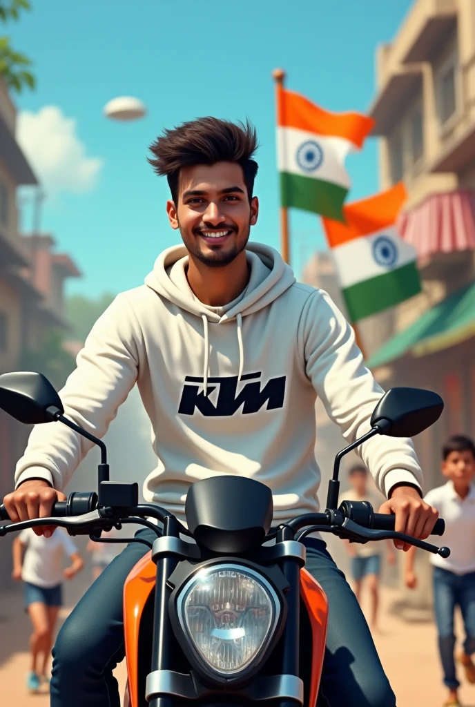 realistic Indian 1 boy sitting KTM bike with background of blue sky in Indian Street and boy wearing white hoodie with name”Pritom’ style hair on it by the way childrens are holding Indian flag playinga round, some children also playing, and someuncles drinking tea at a shop.  3D art painting real photowith high resolution.”