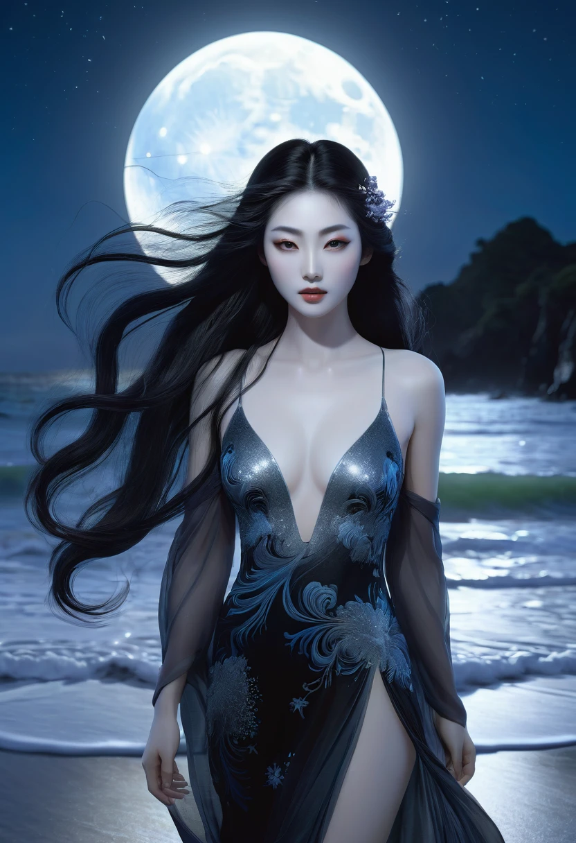 A stunningly ethereal figure resembling a woman stands alone on the beach, her presence both vibrant and otherworldly. This ukiyo-e inspired dark fantasy 3D render captures her in breathtaking detail: flowing hair of midnight black, eyes gleaming with mystery, and translucent skin illuminated by the moon's glow. The image exudes a sense of enchantment and depth, drawing viewers into a world of beauty and intrigue.