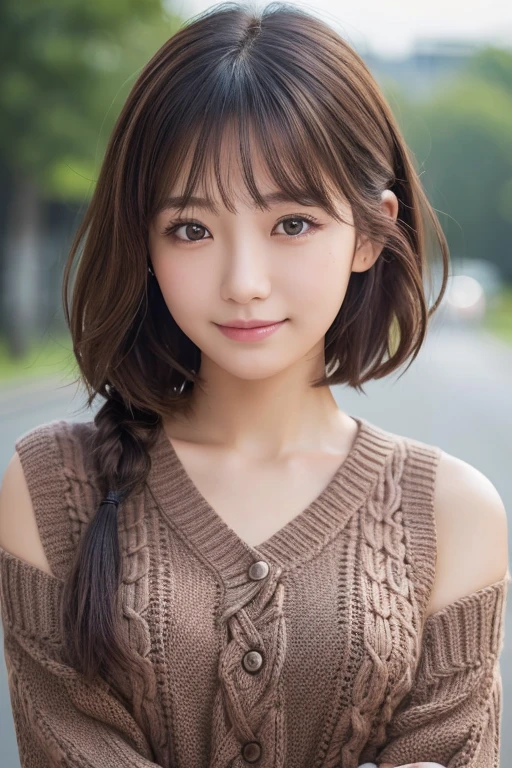 (masterpiece:1.3), (8k, Photorealistic, RAW Photos, Best image quality: 1.4), Japanese schoolgirl、(Random Hairstyles:1.2)、Super detailed face、Attention to detail、double eyelid、Put your chest together、Sharp focus:1.2、Beautiful woman:1.4、Light brown hair、Highest quality、masterpiece、Ultra-high resolution、(Photorealistic:1.4)、Highly detailed and professionally lit smiles、Relaxed, lightweight knitwear、Shoulder out、thin、Serious expression、Short fine hair、Deadly position