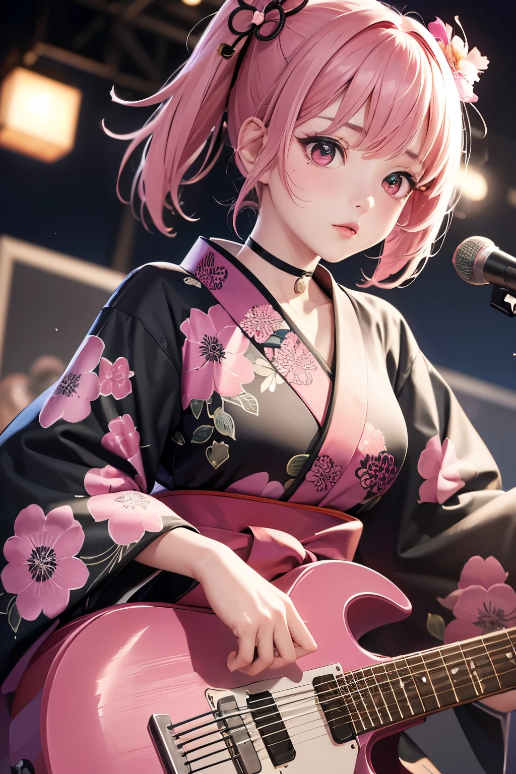 masterpiece, best quality, very detailed, high resolution, expensive resolution, high resolution, 4K, 8k, Unity 8k wallpaper, highly detailed CG, masterpiece, 2D, 3D, beautiful details, depth, fine texture, best quality: 1.3, perfect focus, crispy skin, he,
Very cute anime girl, girl playing guitar vocals in a band wearing a Japanese fancy floral haori hakama, on outdoor stage, full body, expensive pink and black short twin tail hair, mole under eye, looking at the viewer, expensive, blush, mole, lips open, , heart choker, pink eyes, guitar vocals, stage