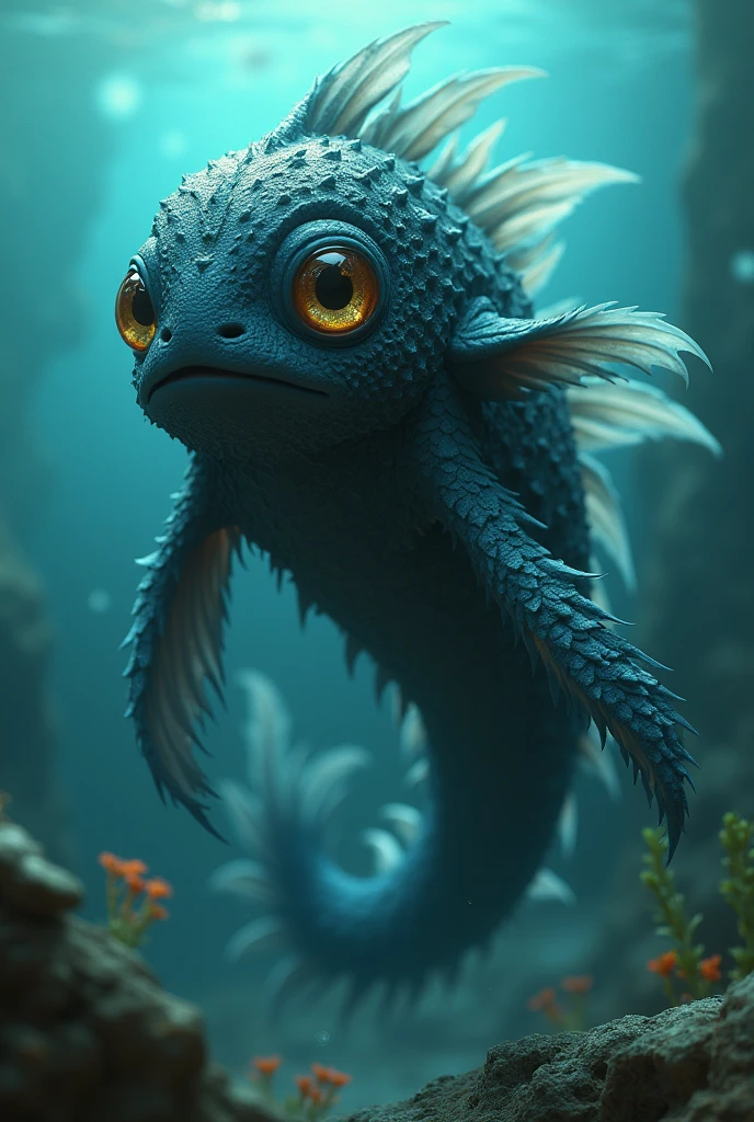 creates an animated human black rayder style species of the fish Leiolepis ngovantrii Parthenogenesis, with the face of a human woman today,human size, body with human features but with all the properties of its species ,fur ,Pupils .