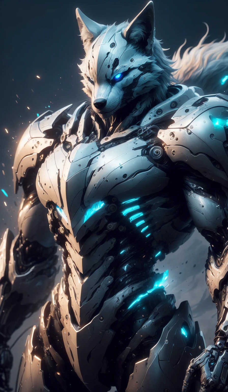 Portrait of a wolf boy, mascular body , technical suit, ((ultra detailed technological suit)), ((cool technical suit)),, ((ultra high quality 9.9)),((ultra high resolution 9.9)), ((ultra high detailed 9.9)),((masterpiece)),((perfect lightings))
