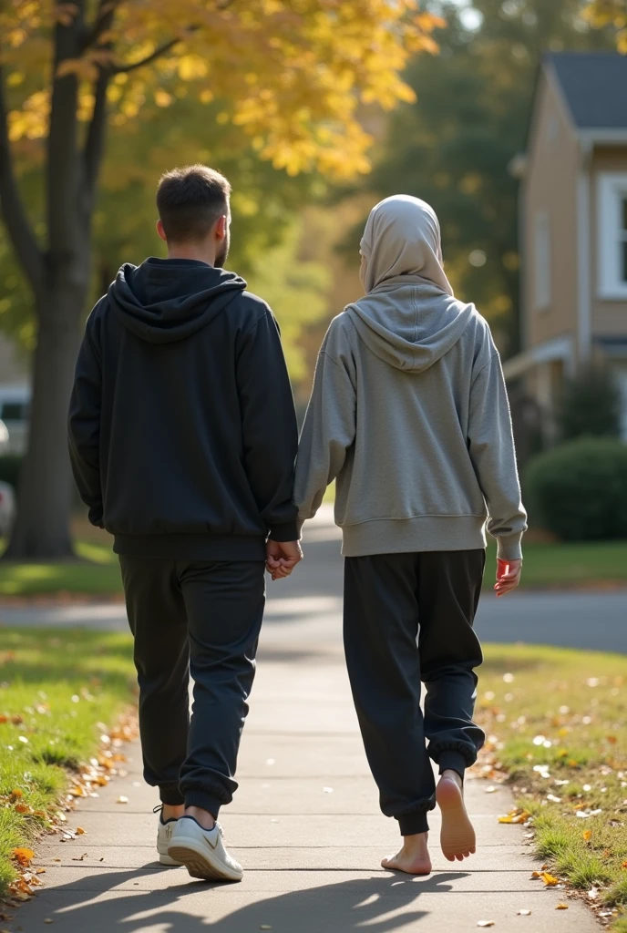 A headscarf-wearing woman walking around the neighborhood with her lover, black sweatpants, Barefoot woman watched by male neighbors