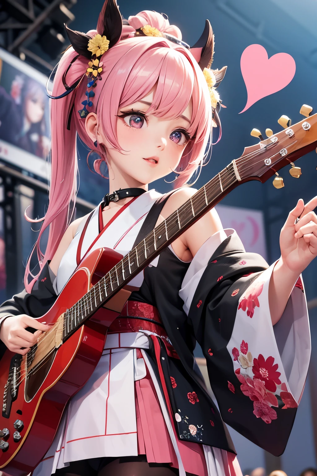 masterpiece, best quality, very detailed, high resolution, expensive resolution, high resolution, 4K, 8k, Unity 8k wallpaper, highly detailed CG, masterpiece, 2D, 3D, beautiful details, depth, fine texture, best quality: 1.3, perfect focus, crispy skin, he,
Very cute anime girl, girl playing guitar vocals in a band wearing a Japanese fancy floral haori hakama, on outdoor stage, full body, expensive pink and black short twin tail hair, mole under eye, looking at the viewer, expensive, blush, mole, lips open, , heart choker, pink eyes, guitar vocals, stage