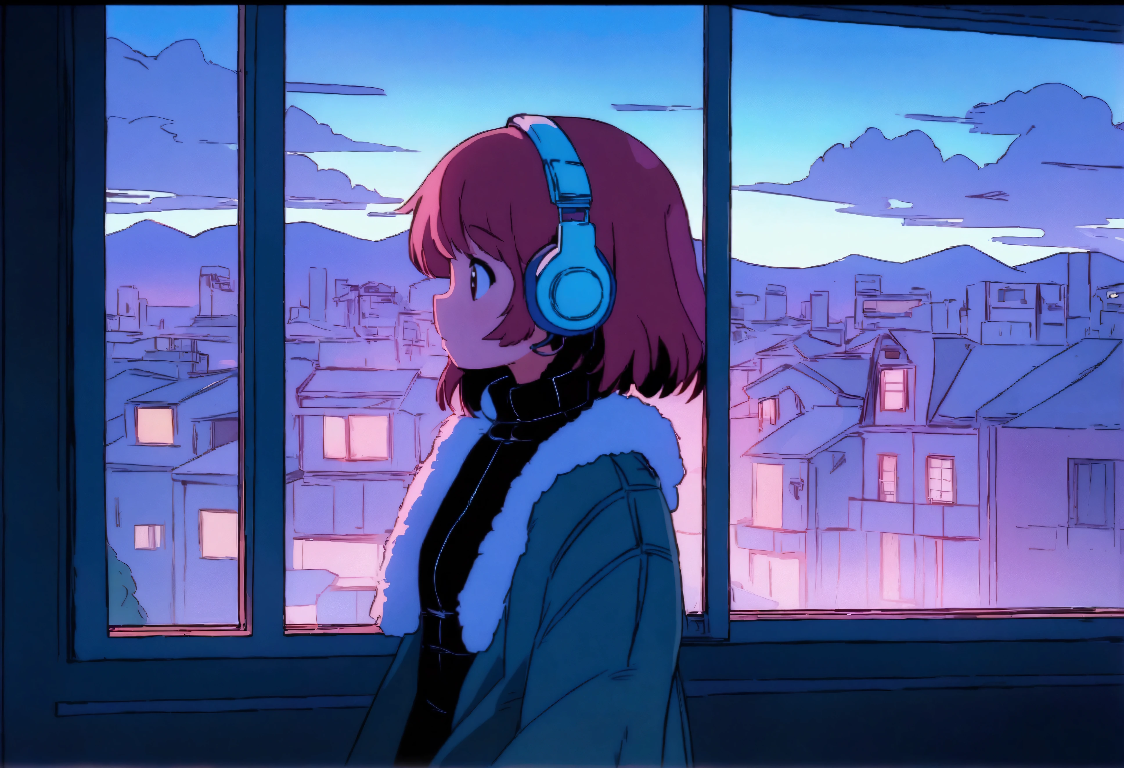 Anime girl wearing headphones looking out the window at the city, Lo-fi Girl, Anime atmosphere, Lofi Artstyle, Anime Style 4k, Anime Aesthetics, Nightcore, Lo-fi feeling, Lofi Art, anime art wallpaper 4k, anime art wallpaper 4k, anime wallpaper 4k, anime wallpaper 4k, An atmosphere of praise, Kaisei and Artgelm