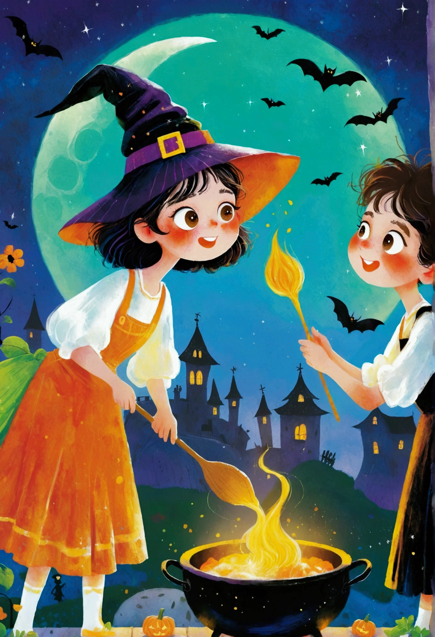 Illustration of boy and girl in halloween costumes cooking bread, colorful Children's Book Illustrations, young wizard, Casting a Spell, Children's Book Illustrations, Cast a spell on a potion, Children's Book Illustrations, Full-color digital illustrations, Children's Book Illustrations, Children's Book Illustrations, Storybook illustration, Colorful spells, Casting Magic, Children's Book Illustrations, Witch Girl