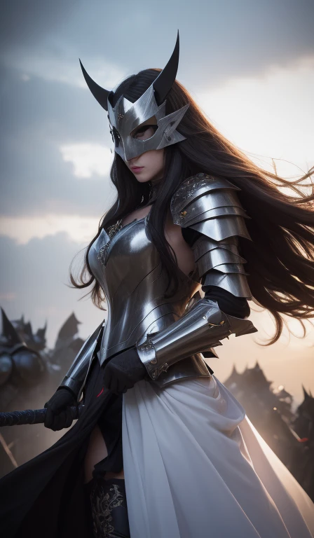 Cowboy Shot、Very beautiful woman、Slender women、(Detailed face)、Realistic Skin、((Demon Knight)), (Black Armor)、((((Black armor with very fine and intricate decoration))))、((Delicate photo))，(Girl Astepeace RAW Photo Details:1.25), (highest quality:1.6), (超A high resolution:1.5), (Realistic:1.75), 8K resolution, Canon EOS R5, 50mm, Absurd, Ultra-detailed,Cinema Lighting,Battlefields of Medieval Europe、((battle))、RPG World、Final Fantasy、(((Embellished skirt)))、Thigh-high socks、Shin Guards、night、((Long hair with bangs,))、Get six-pack、Torn Cloak、Beautiful Armor、(((Giant Sword)))、In combat、The wind is blowing、((Asymmetrical Armor:1.5))、(((thunderstorm)))、((Knight Commander))、(((Leading a large group of black knights)))、Banner、Wolf Pattern:1.5、(((Battle Scene)))、(((Creepy Iron Mask)))