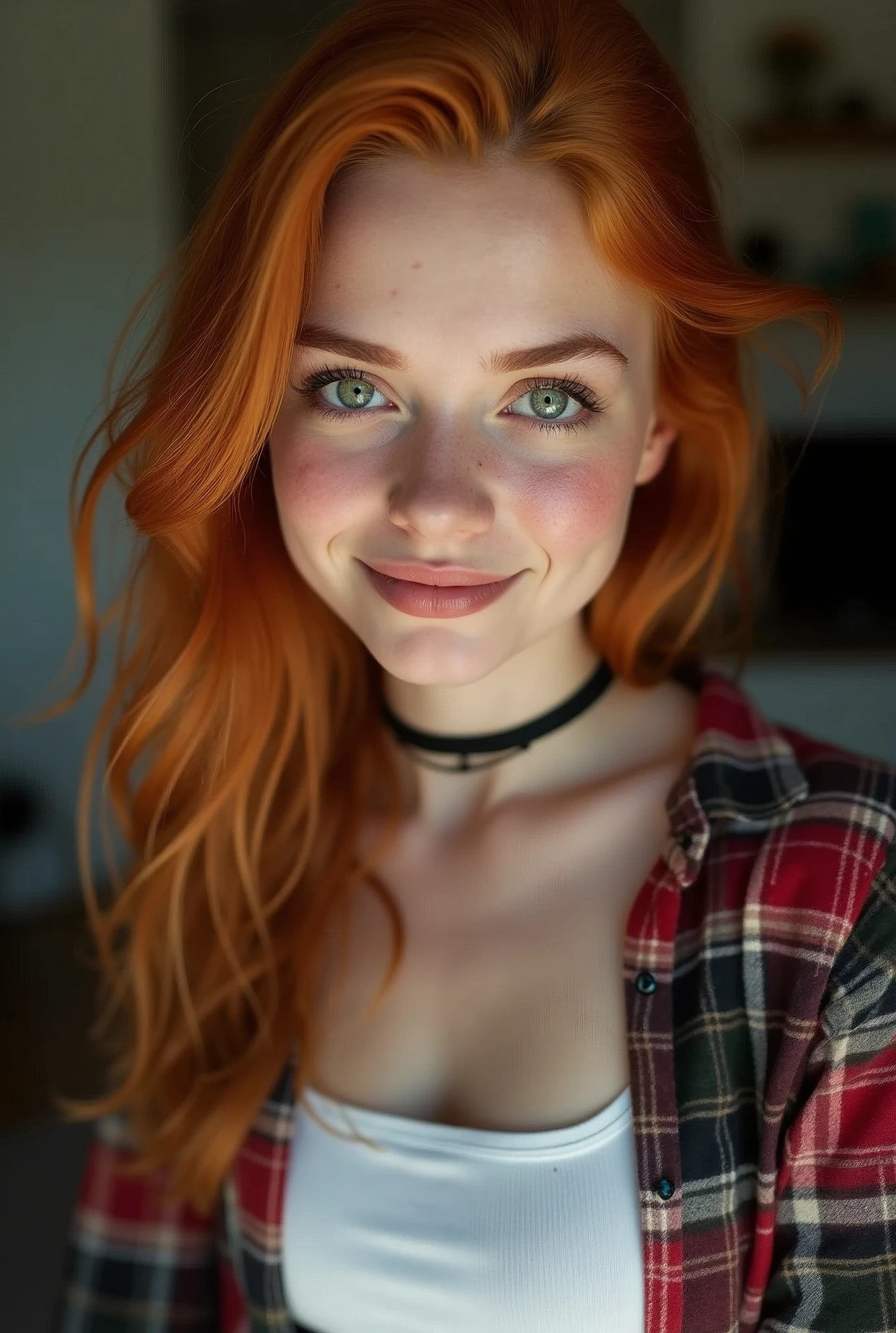 score_9, score_8_up, score_7_up, realistic lighting, photo, photorealistic
upper body, close up, cute woman, beautiful, 20 years old, dreamy, green eyes, freckles, soft smile, shoulder length ginger hair at side, living room, white stockings, open flannel shirt, open shirt, beautiful legs, black choker