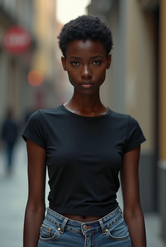 A beautiful black skin girl wearing a pretty jeans and t-shirt having a tipper hair cut around the head.normal size body not too large 
Standing at a distance 