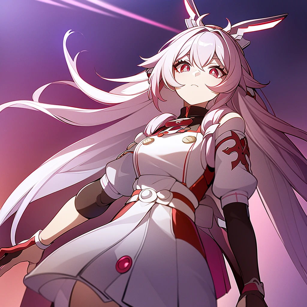 Woman with long pink hair, black eyes with red pupils. Cute white adventurer outfit with purple details and red bow ((estilo genshi impact)) White bloomers. White horns with purple and red decoration. Red spiny halo on head. serious expression