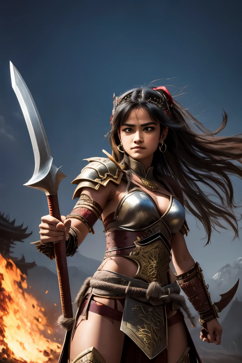 (best quality), detailed background, oriental nobless,warrior girl,combat arts,holding halberd,oni, monster army