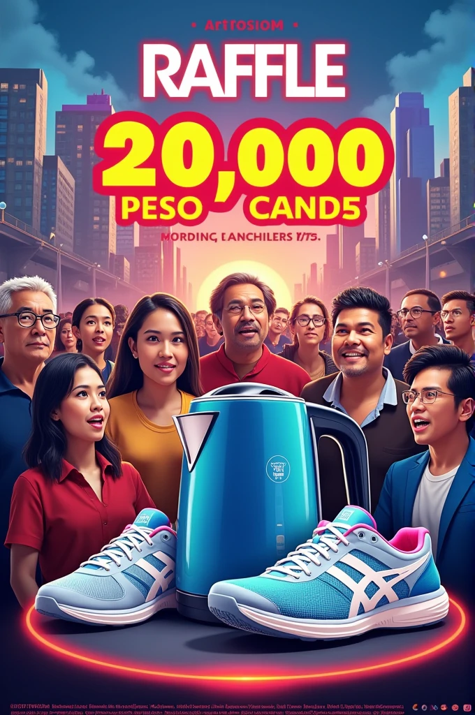 Advertising image for a raffle where 20 thousand pesos in cash are raffled off, an electric kettle and Olympic sneakers