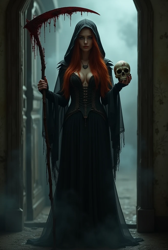 (full body shot:1) photorealistic image of a (standing pose:1) ultrarealistic, photography, long red hair, woman, 24 years old, hourglass figure, perfect body, seductive look, natural medium breasts, blur background, female grim reaper cosplay, cleavage, wearing a dark hooded cloak and wielding a scythe, she is standing in the doorway with darkness behind her and a thick mist surrounding her, blood is on the scythe, she is holding a skull in her other hand, full body shot, full body, full body picture