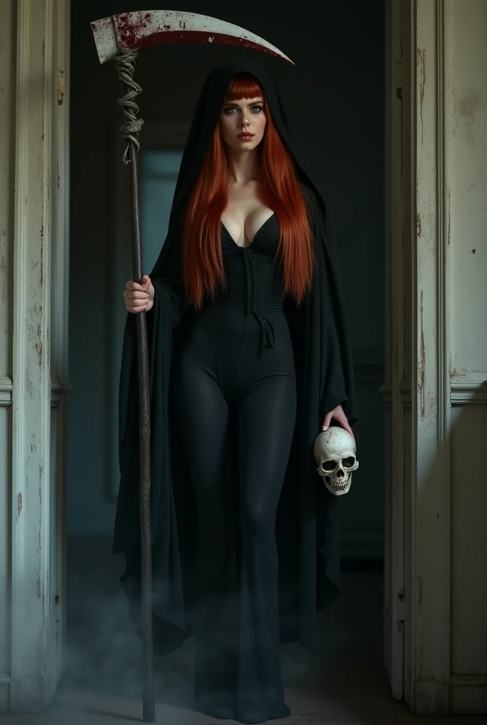 (full body shot:1) photorealistic image of a (standing pose:1) ultrarealistic, photography, long red hair, woman, 24 years old, hourglass figure, perfect body, seductive look, natural medium breasts, blur background, female grim reaper cosplay, cleavage, wearing a dark hooded cloak and wielding a scythe, she is standing in the doorway with darkness behind her and a thick mist surrounding her, blood is on the scythe, she is holding a skull in her other hand, full body shot, full body, full body picture