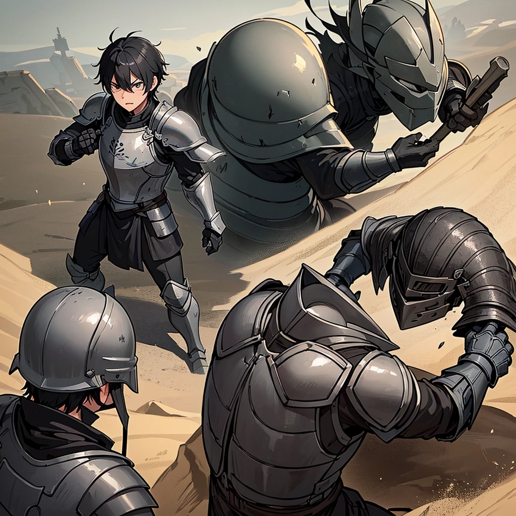 Best illustrations、Best Quality、(((Gray simple armor、Black trousers、Black gloves、Short Hair、Black Hair、20 year old man、Iron Helmet、Iron helmet)))、(((Fighting Pose)))、(Old ruins、desert。Grass)、(Masked Knight)、(Black, muddy swamp)、(Medieval Knight)、(Close your eyes、get annoyed、Open your mouth、Get angry、Sweat)、battlefield、(From the back、back view)、Sea of mud、Black Sea