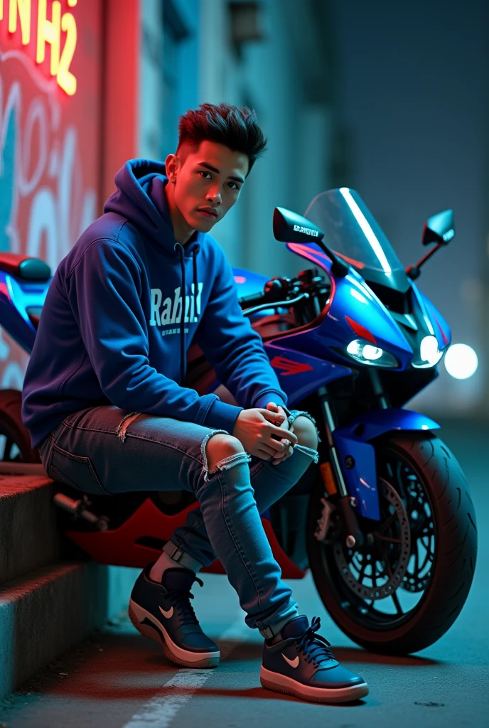 (photorealism:1.2),a 25 year old Indonesian man, Korean Hairstyles , ripped jeans, nike jordan shoes, wearing a blue hoodie that says "Rahmad", graffiti text, clear. sitting pose, holding a cigarette next to a blue and red Ninja H2 sports motorbike, city night background. Real details, hyper realistic, UHD, Photography