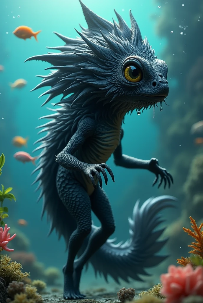 creates an animated human black rayder style species of the fish Leiolepis ngovantrii Parthenogenesis,  with the face of a human woman today,human size, body with human features but with all the properties of its species ,fur ,Pupils .