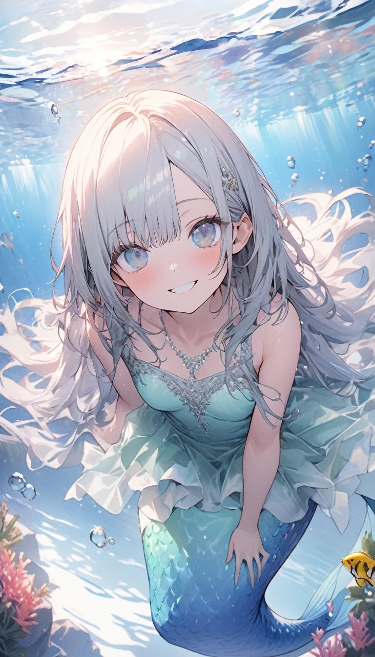 (masterpiece:1.3), (Highest quality:1.2), (shape:1.2), (Very detailed:1.2), (Pixiv:1.4), Ultra-high resolution, watercolor, A girl with dull mimosa-colored bangs and eyes, (masterpiece:1.3), (Highest quality:1.2), (shape:1.2), (Very detailed:1.2), (Pixiv:1.4), Ultra-high resolution, watercolor,View your audience ,Focus Eye,The Shining, Many rays, (Transparent lake:1.3), Emerald Lake, , Swimming underwater, (tropical fish:1.3) Pastel Tones, Flat Tone, Upward glance, Tilt your head, whole body, Twinkle smile, One Girl, alone, 15 years old, Beautiful face and eyes in every detail, Mermaid,, Hair fluttering, (well-proportioned body:1.2), (Dynamic Angle:1.3) (Beautiful Hair:1.2), (masterpiece:1.2) , (Highest quality:1.2) , (Very detailed:1.2), There are 1000 tiny bubbles around it, Bubbles in the light,