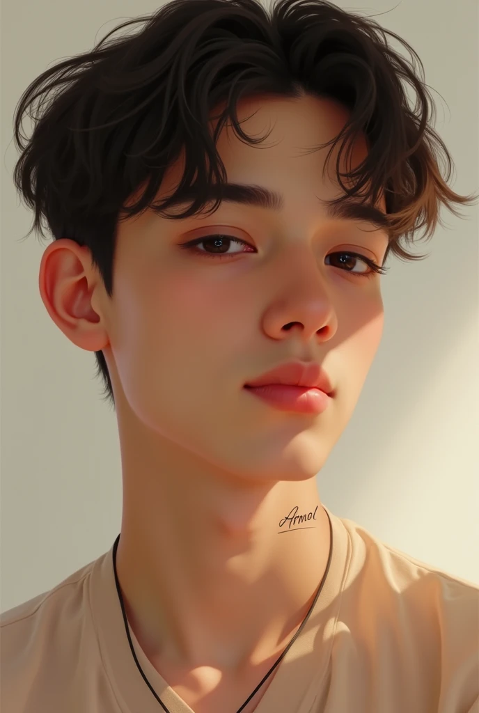 Make a pic of cute boy neck and write Anmol name on the neck