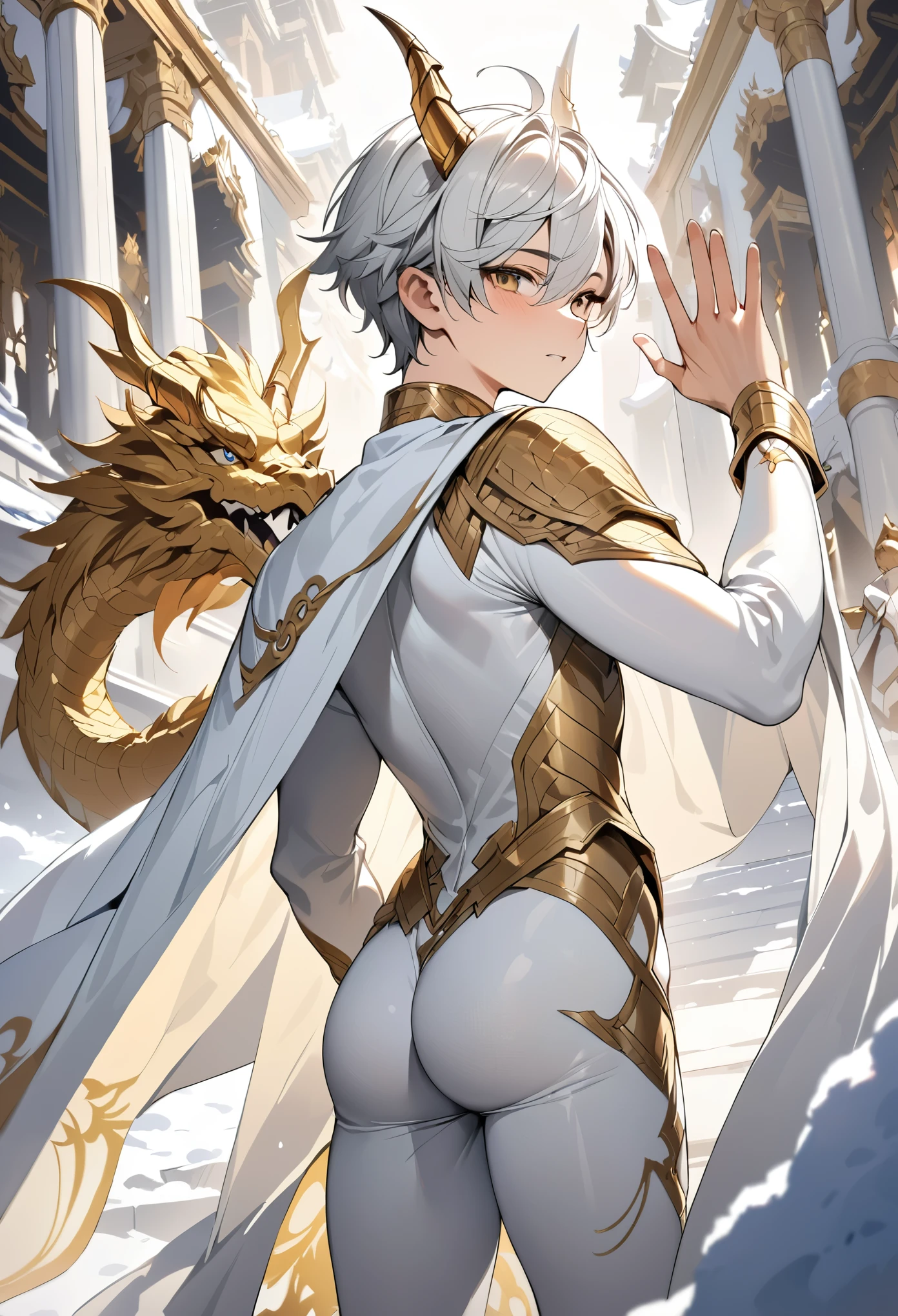 high quality,(best quality,4K,a high resolution,masterpiece:1.2),super detailed,(1 boy),(solo),juvenile,(Male juvenile),handsome and cute boy,snow-white hair, golden dragon horn,white bodysuit with golden pattern,short hair,Golden eye,Holding a golden sword，Waving goodbye，Back photo，Behind him is a snow-white cape，single photo,the white temple of light,magnificent palace background,Wearing a white cape behind