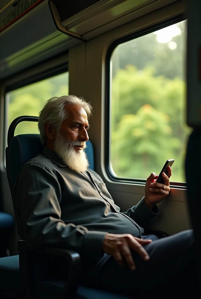 an Indian man with beard sitting in a train, side view, greenery, light coming through beard, aged, light coming from the window, man looking at mobile phone, evening time, (best quality, 4k, 8k, highres, masterpiece:1.2), ultra-detailed, realistic, photorealistic, photo-realistic:1.37, HDR, UHD, studio lighting, extremely detailed, professional, vivid colors, natural lighting, warm color tones
