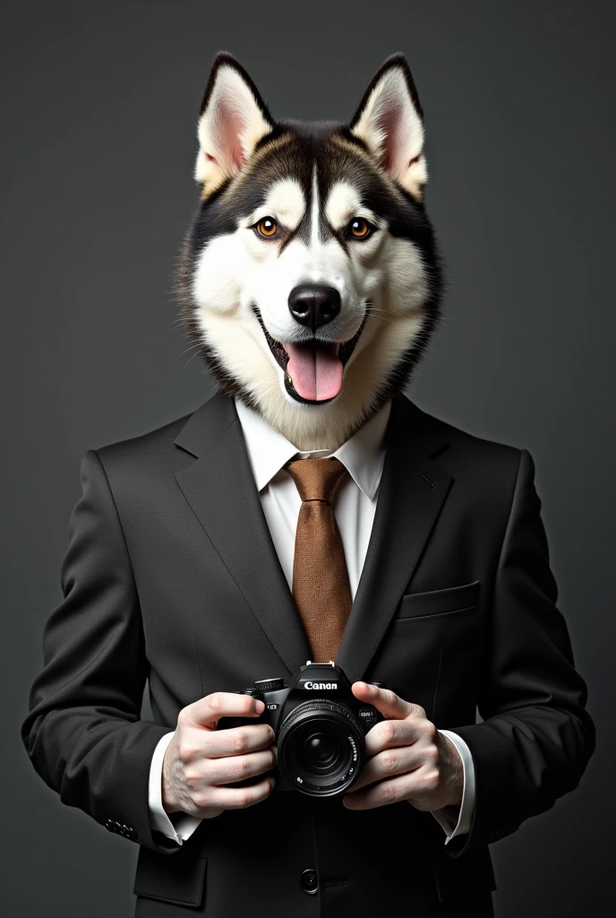 Husky，dog，Personification，Photographer image，Suit tie，Hold the camera