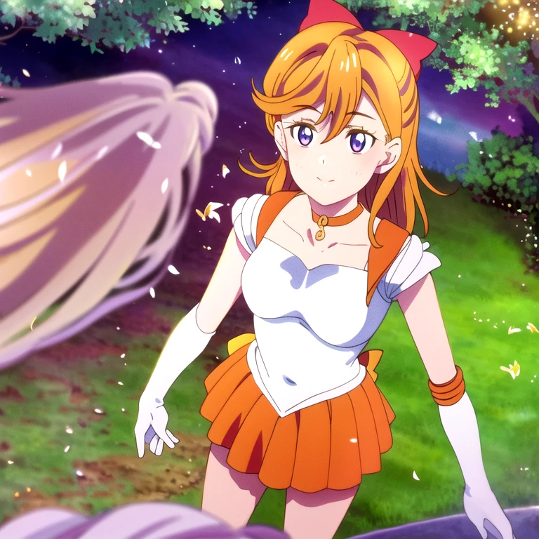 masterpiece, best quality, highres, sv1, sailor senshi uniform, medium breast, orange skirt, elbow gloves, tiara, orange sailor collar, red bow, orange choker, white gloves, jewelry,smile, brush, from below, skirt lift, standing, looking back, white leotard, milf, ornate fabric, leather texture, dramatic lighting, cinematic shot, atmospheric, depth of field, comic style, watercolor style, floating hair, wind, wind lift, shiny hair, bedroom