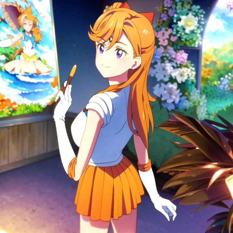 masterpiece, best quality, highres, sv1, sailor senshi uniform, medium breast, orange skirt, elbow gloves, tiara, orange sailor collar, red bow, orange choker, white gloves, jewelry,smile, brush, from below, skirt lift, standing, looking back, white leotard, milf, ornate fabric, leather texture, dramatic lighting, cinematic shot, atmospheric, depth of field, comic style, watercolor style, floating hair, wind, wind lift, shiny hair, bedroom