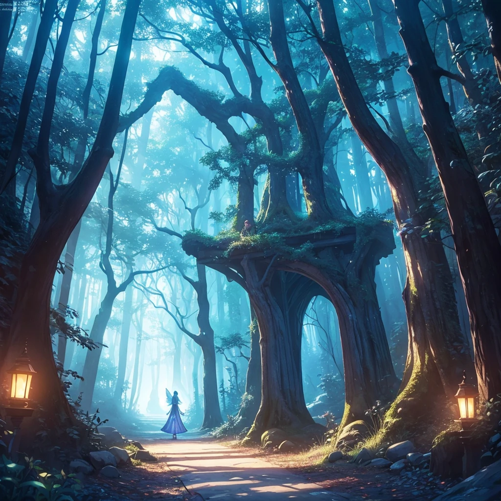 A magical forest at dawn, with a path leading to a glowing portal, symbolizing new opportunities and possibilities. A fairy-like creature stands by the portal, inviting the viewer to step through with the words "Believe in the Magic of New Beginnings" written in a whimsical font.