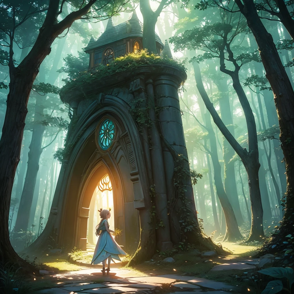 A magical forest at dawn, with a path leading to a glowing portal, symbolizing new opportunities and possibilities. A fairy-like creature stands by the portal, inviting the viewer to step through with the words "Believe in the Magic of New Beginnings" written in a whimsical font.
