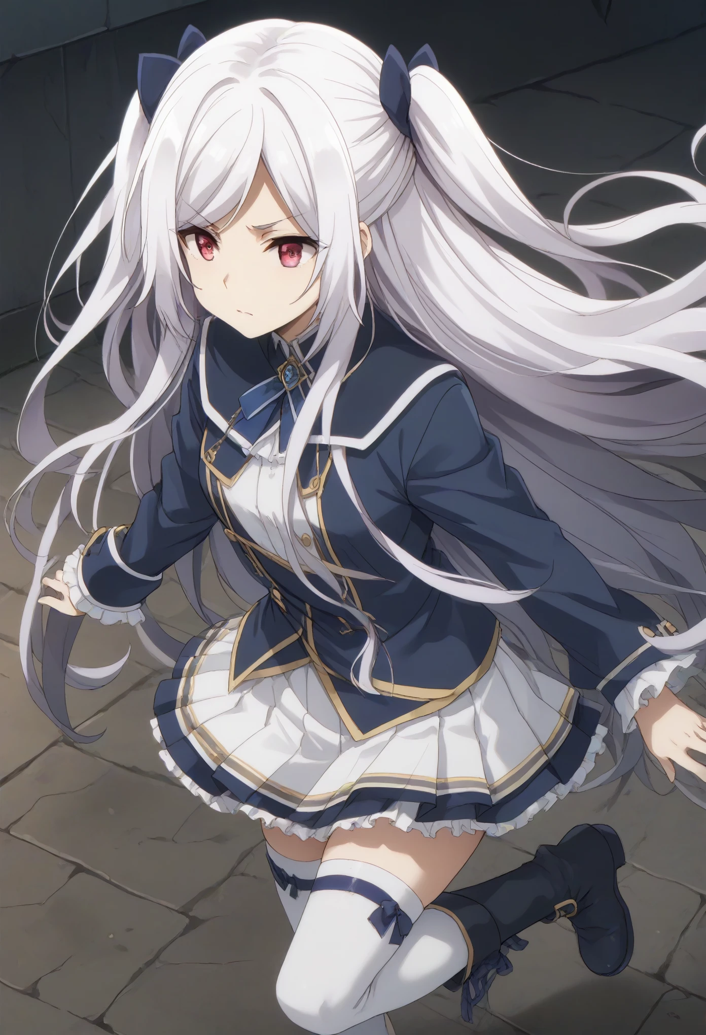 alexia midgar, long hair, very long hair, hair ribbon, white hair, red eyes, sidelocks, ribbon,
skirt, thighhighs, long sleeves,pleated skirt, boots, miniskirt, black footwear, white thighhighs, zettai ryouiki, white skirt,