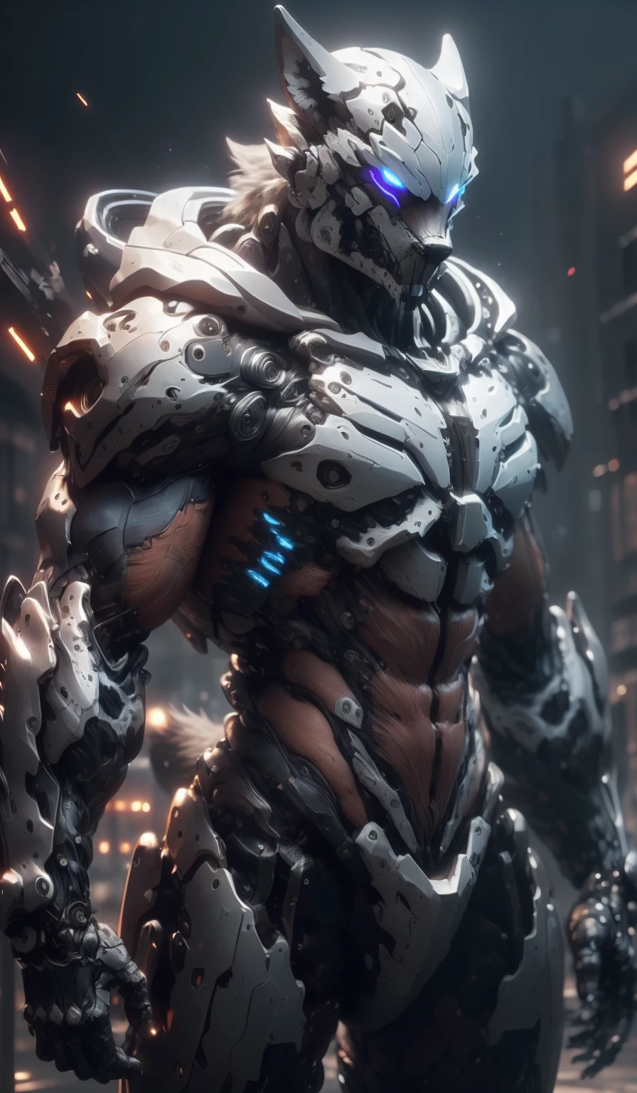 Portrait of a wolf boy, mascular body , technical suit, ((ultra detailed technological suit)), ((cool technical suit)),, ((ultra high quality 9.9)),((ultra high resolution 9.9)), ((ultra high detailed 9.9)),((masterpiece)),((perfect lightings))